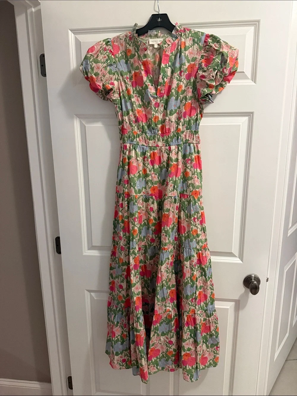 entro Floral Puff-Sleeve Tiered Maxi Dress in Pink, Green & Blue - Picture 2 of 4